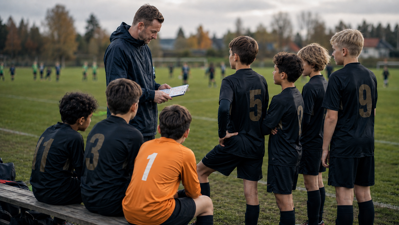 A coach with a clipboard runs through the substitution plan with players gathered around a bench by the pitch.