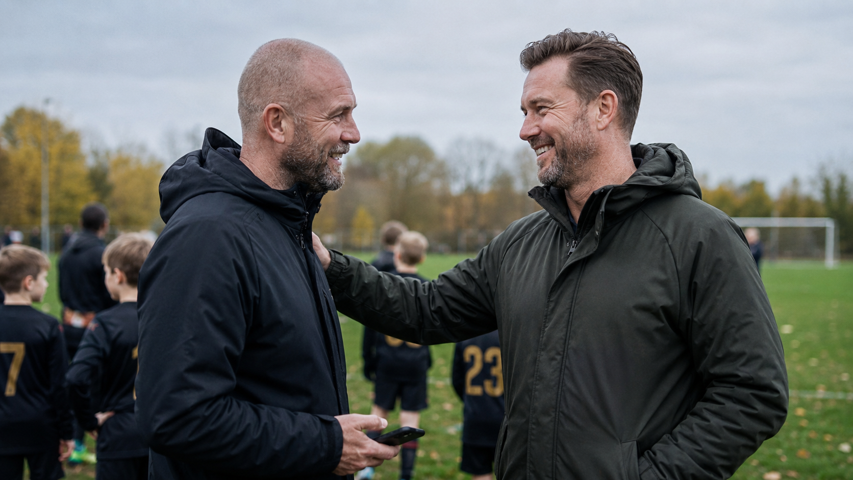 A coach smiles in conversation with a parent on the sideline after a match, with players in the background.