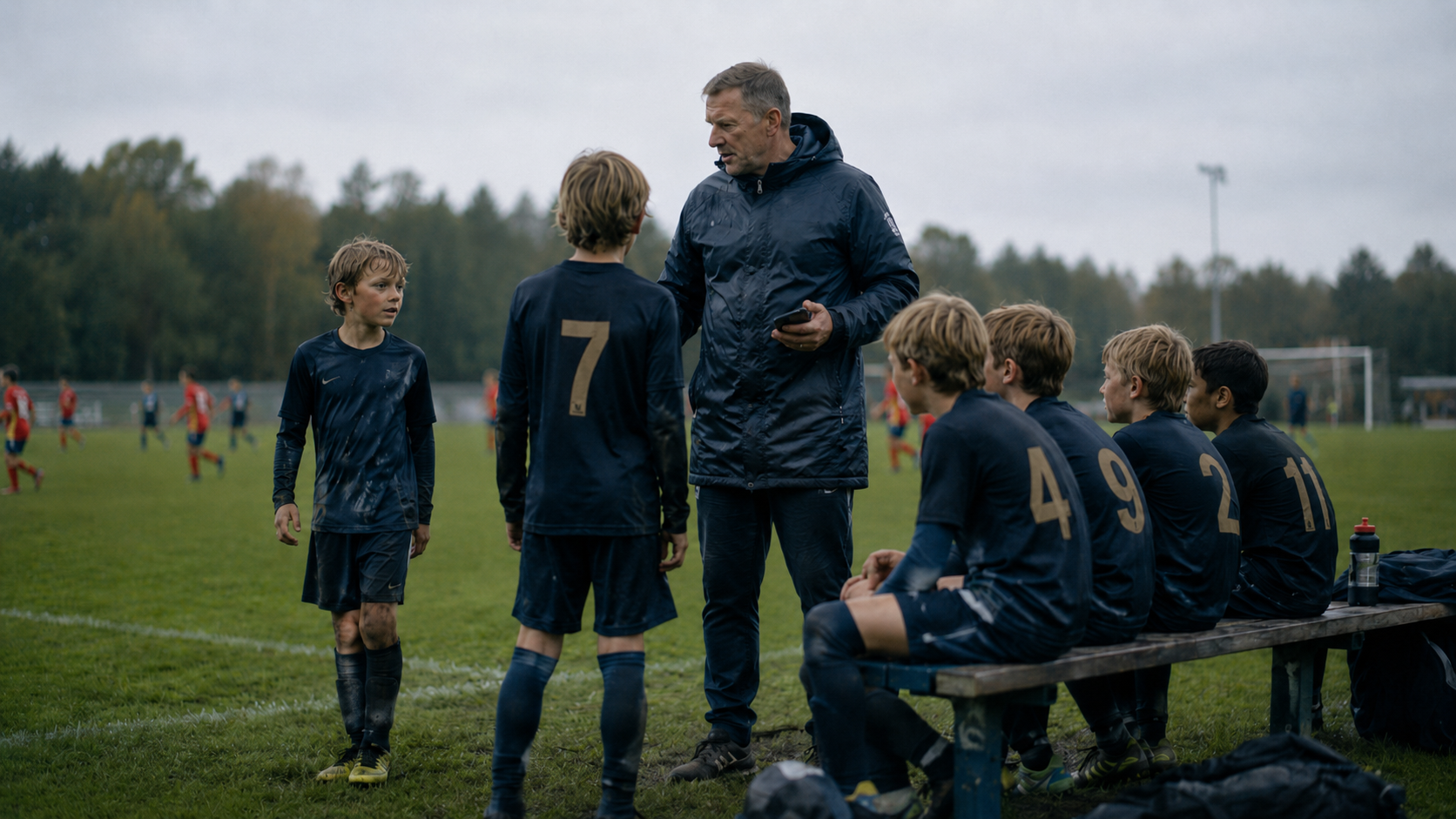 A youth football coach with a clipboard talks to players on a rainy day, with teammates lined up on the bench.