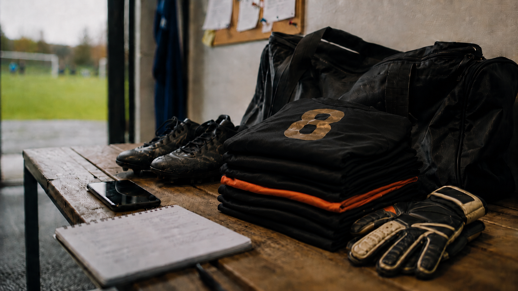Folded numbered jerseys, boots, goalkeeper gloves and a coach's notebook laid out on a bench by the pitch.