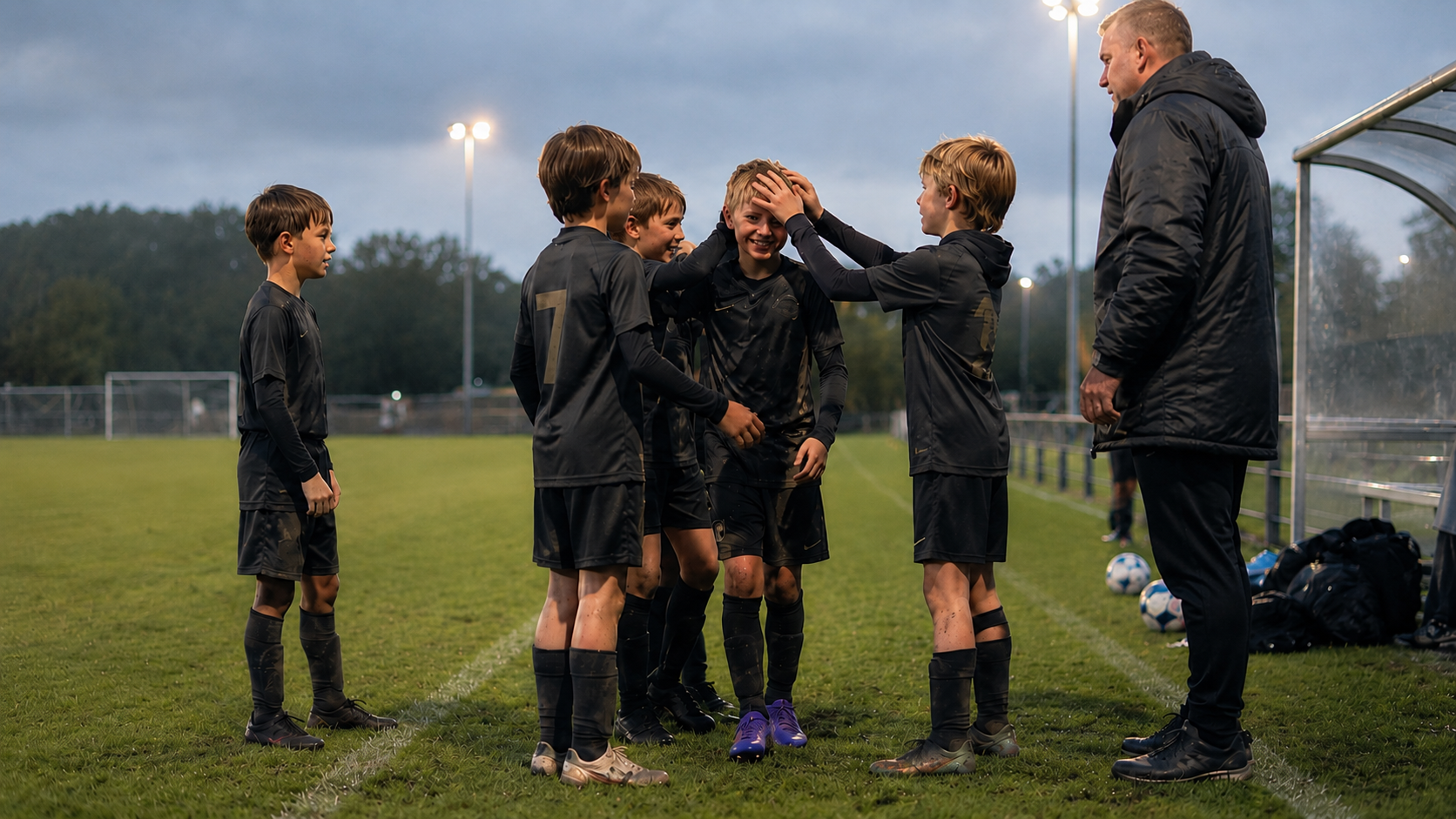 A group of young teammates celebrate one player by the sideline as the coach looks on.